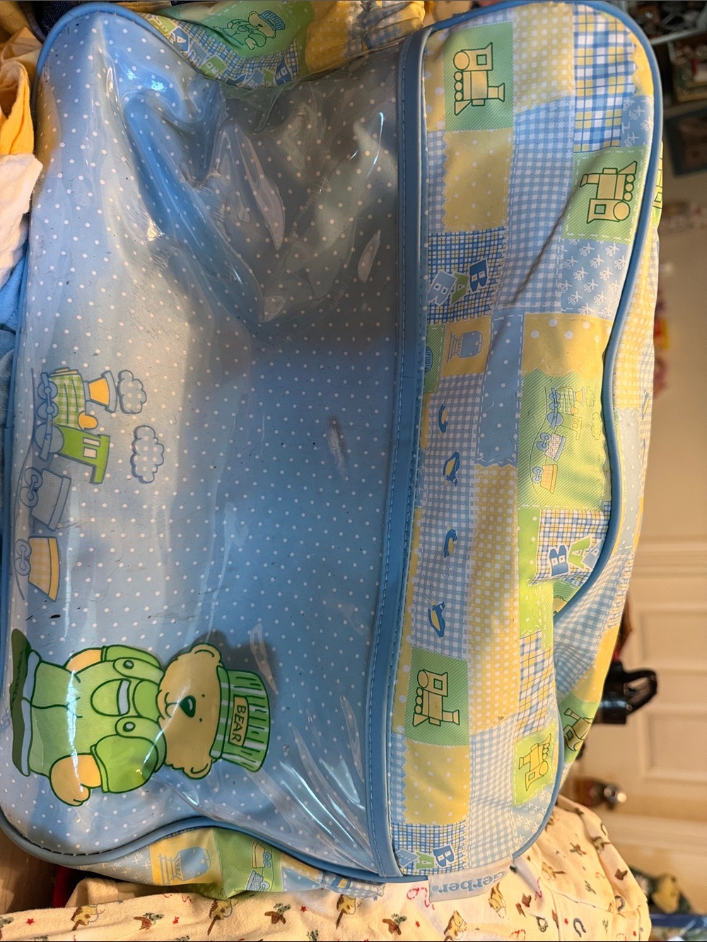 Gerber Light Blue and Green Baby Travel Bag with Bear Print